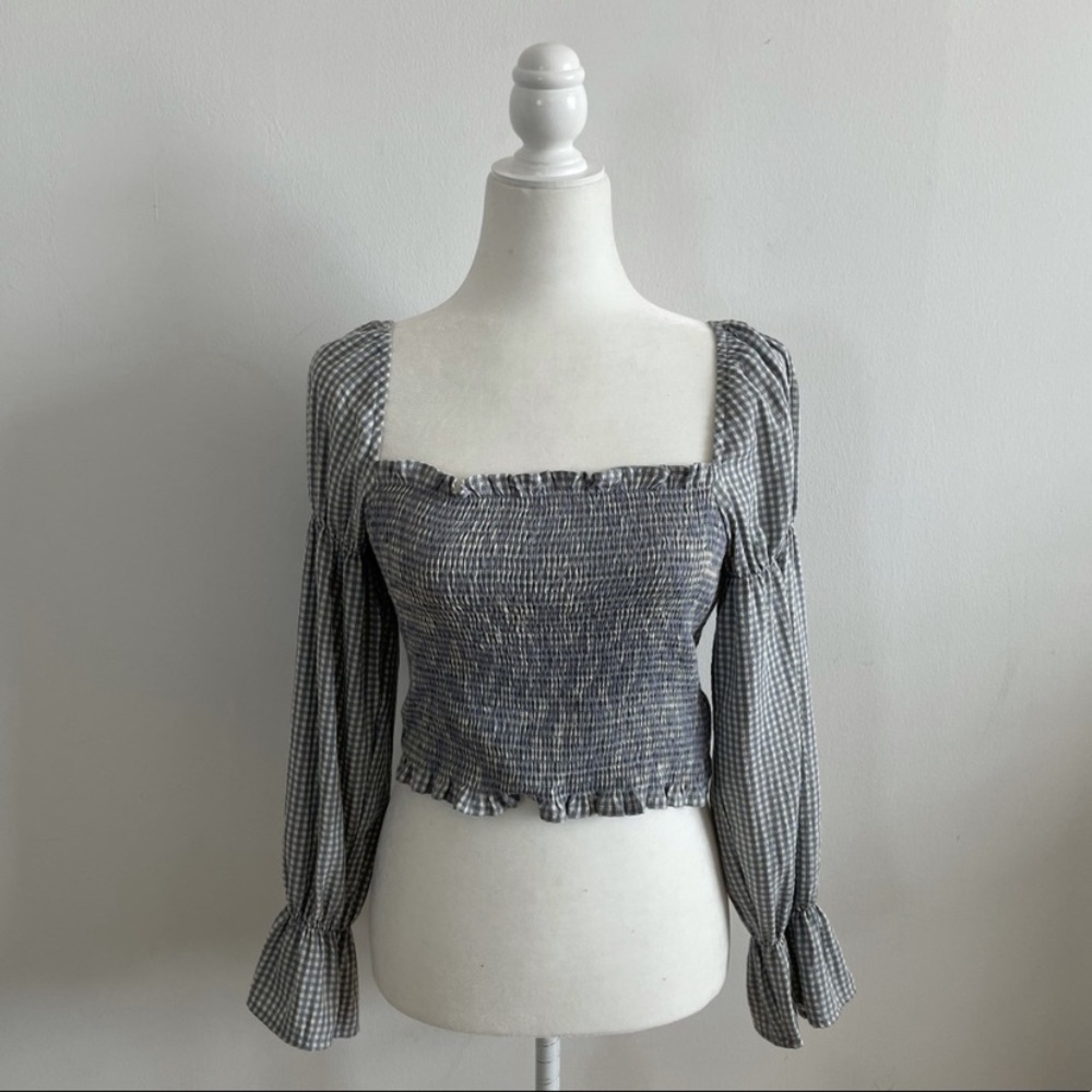 Urban Outfitters Gingham Cinched Sleeve Blouse cottage core S